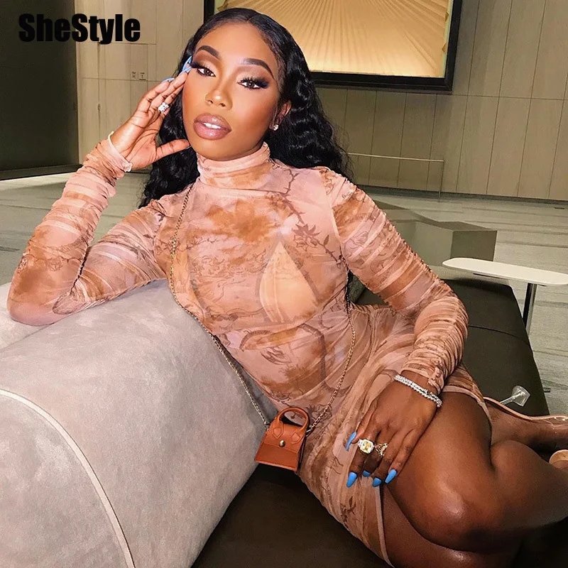 Shestyle сетка со змеиным принтом с длинным рукавом платье для женщин высоким плотно