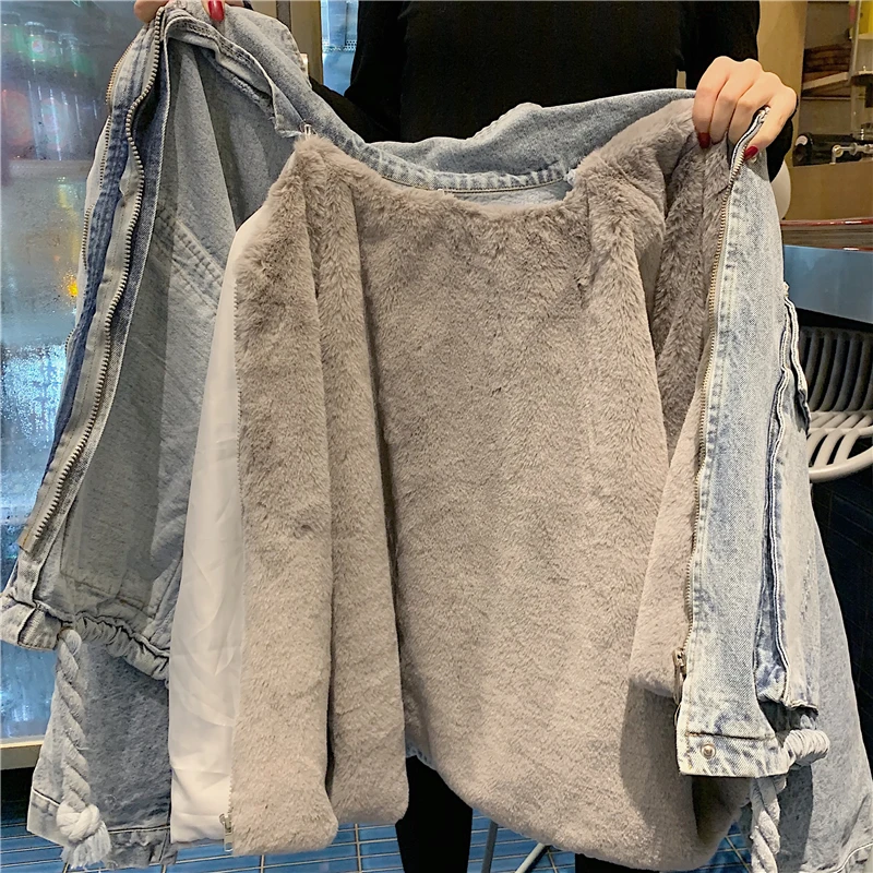 Зима новый толстый теплый Лисий меховой воротник джинсовая куртка для женщин
