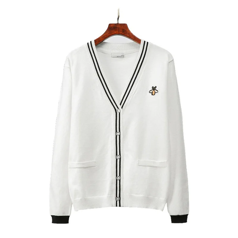Autumn Winter Little Bee Embroidery Knitted Cardigans Sweater Women Japan Style V-neck Sweet Knitting Top 2020 New CRRIFLZ |