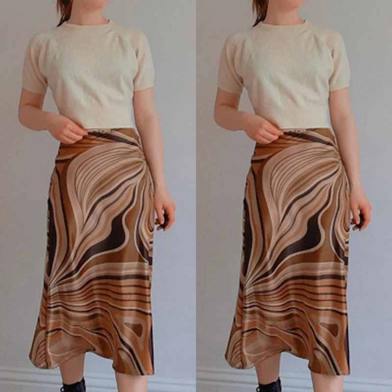 

Casual Printed Midi Skirt Women Brown A-Line High Waist Elegant Skirts Ladies Summer Vintage Fashion Streetwear