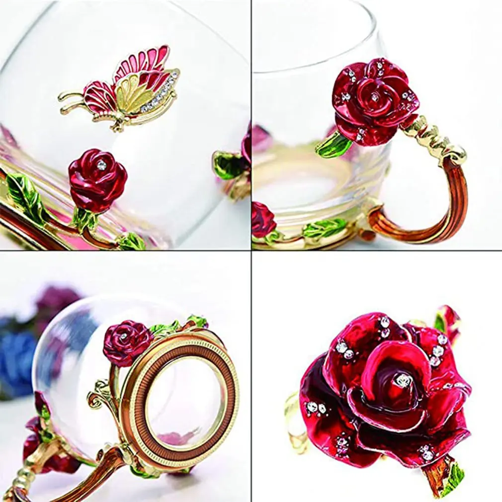 

Beautiful Enamel Glass Water Cup Flower Tea Cup Tea Set Glass Cup Creative Wedding Cup Birthday Gift