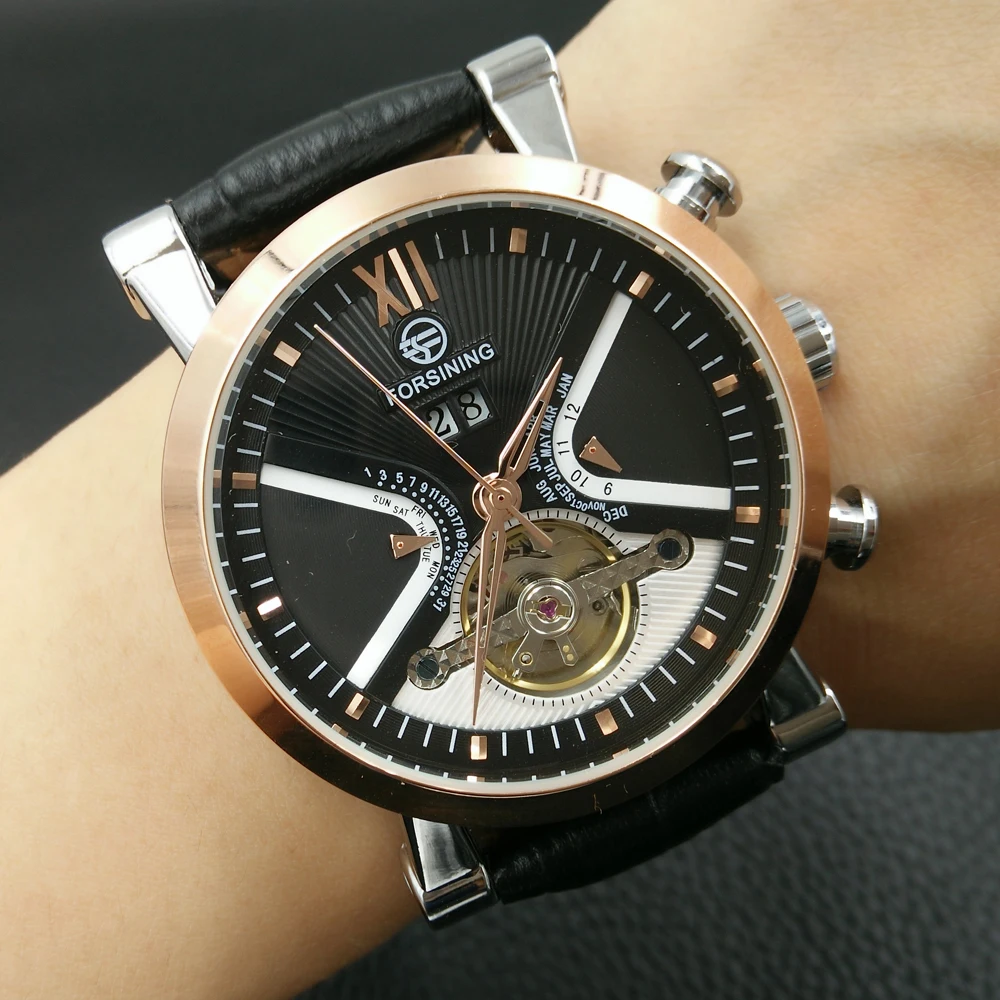 Forsining Tourbillon Мужские часы с автоматической обмоткой кожаный ремешок
