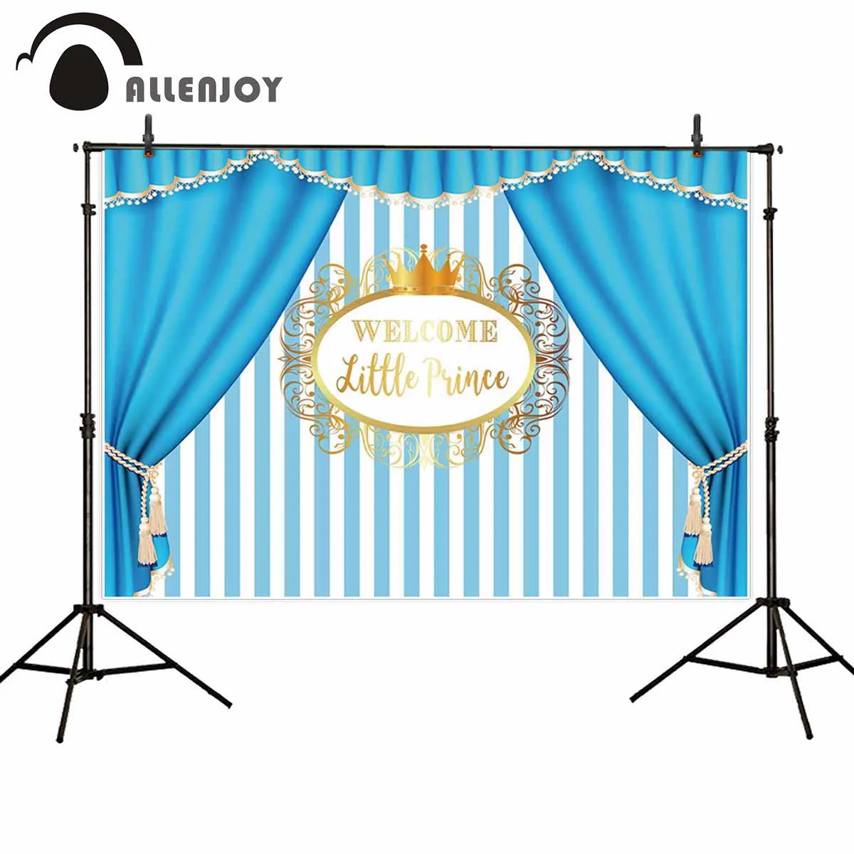 Allenjoy Little Prince Photocall Golden Crowns Blue Curtains Stripes Baby Shower Party Decor Boy Celebrate Newborn Banner | Дом и сад