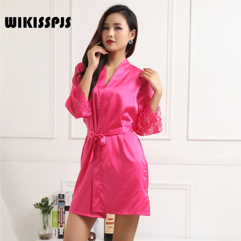 

WIKISSPJS, Удобная Шелковая пижама, однотонная пикантная женская ночная рубашка, одежда для сна, кружевная одежда для ванны, халаты для женщин, ночная рубашка