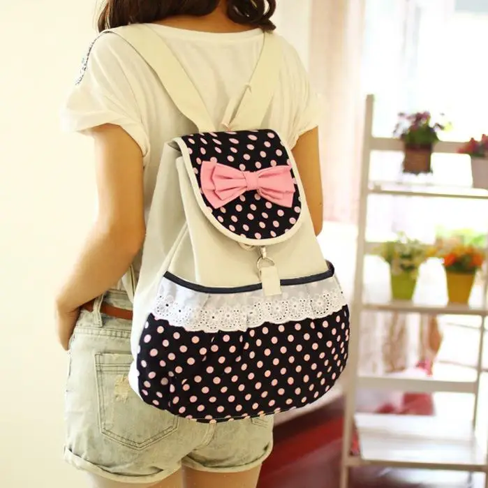 Милый рюкзак в японском стиле горошек с кружевом и бантом Повседневная холщовая