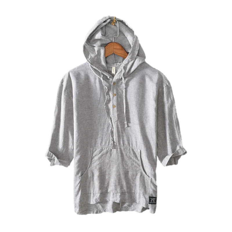 Hooded Short Sleeve T-Shirt for Men Cotton Linen Striped Casual Tops Summer New Male Fashion Japan Style Tees Thin Clothes