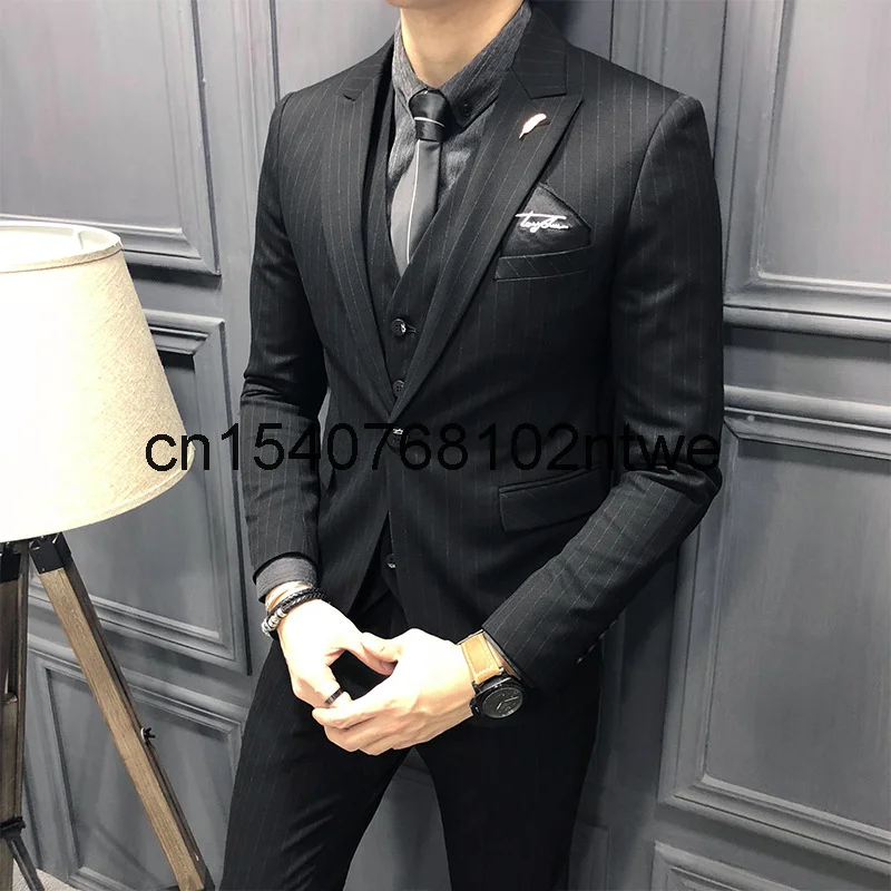 

Весна 2021, мужская рубашка в полоску, платье для жениха, приталенный корейский Костюм-тройка