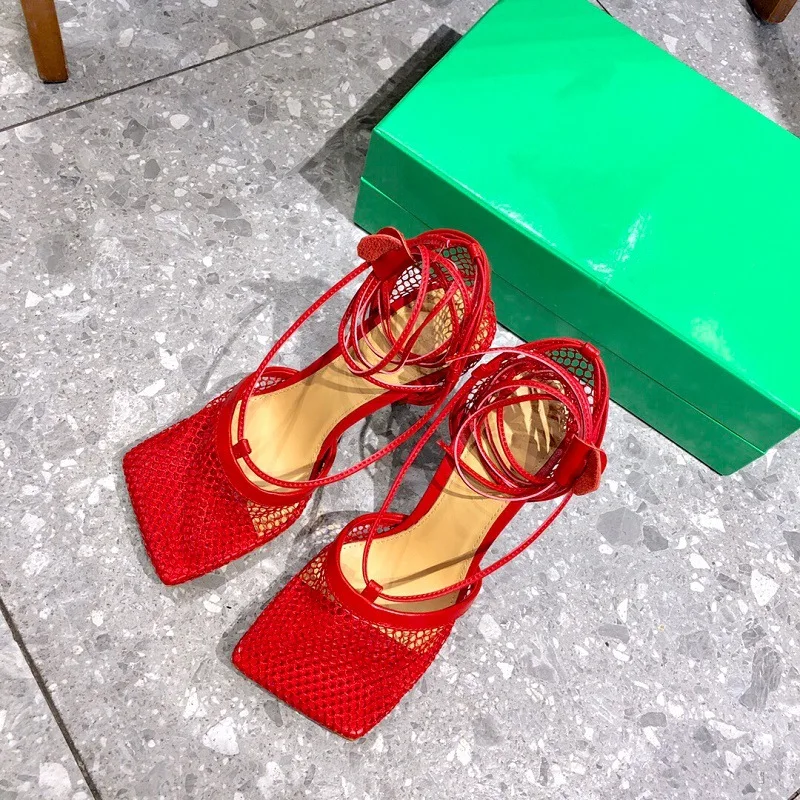 

hollow thin heel sandals women's 2021 early spring new fashion show square head sexy lace up high heels