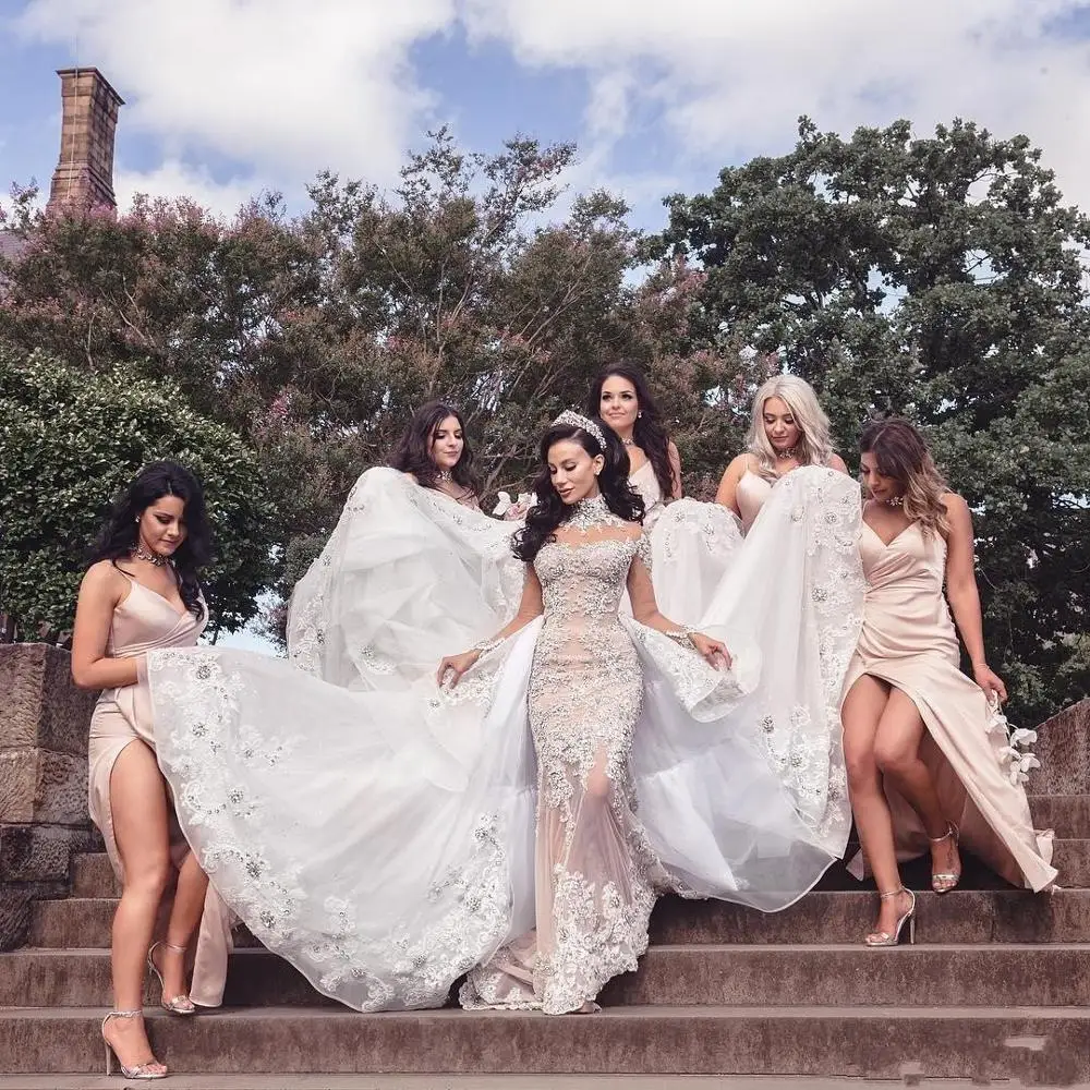 

Luxurious Wedding Dresses With Removeable Skirt Beads Rhinestone Applique Long Sleeve Arabic Dubai Mermaid Bridal Gowns