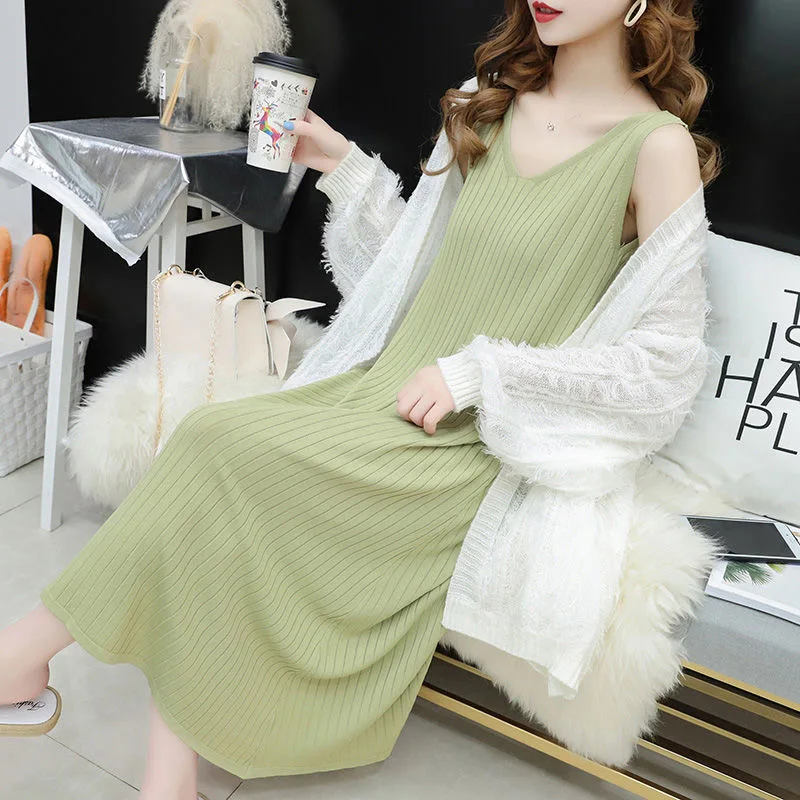 

Summer Mid-length Ice Silk Knit Women's Dress Outer Wear V-neck Dresses Loose Thin Section Knitted Suspender Dresses