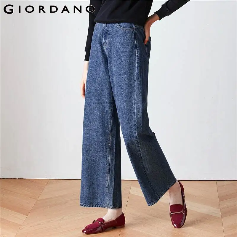 Giordano Women Denim Jeans Elastic Waist Wide-leg Pants Pocket Zip Front Fashion Mujer 05419096 | Женская одежда