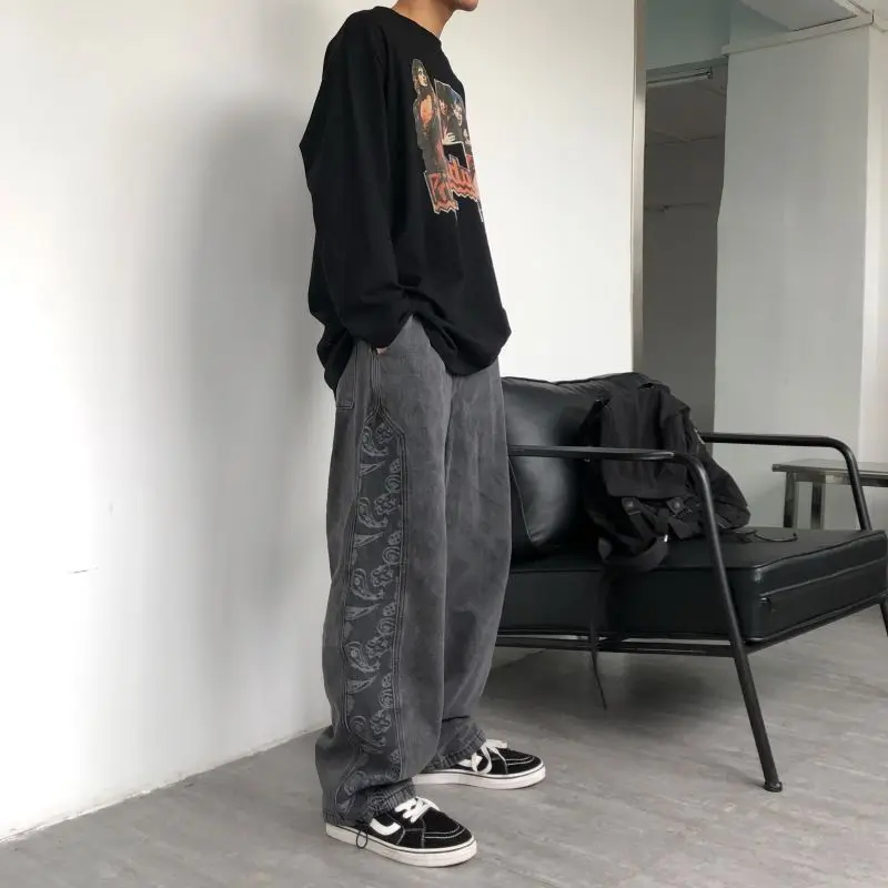 

Retro Jeans Men Hong-Kong Style Trendy Cashew Flower Print Washed Trousers Couples Loose Stitching Mid-waist Straight-leg Pants