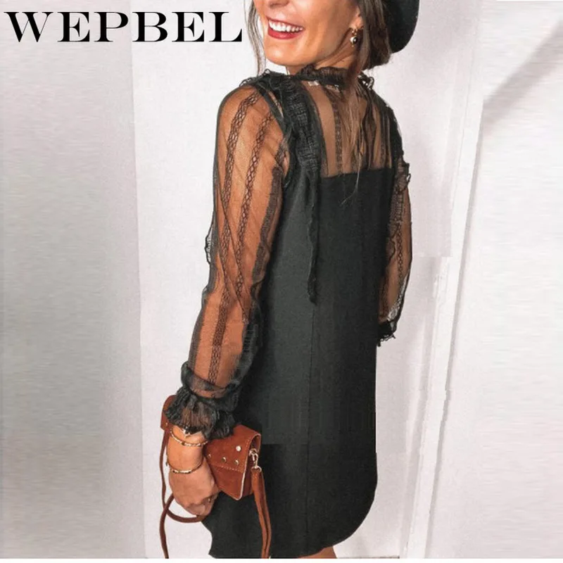 

WEPBEL Women Elegant Lace Hollow Out Blouse Dress Ladies Sexy Loose Long Sleeve O Neck See Through Shirt Dress