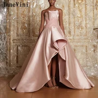 janevini new design dusty pink high low prom dresses 2020 strapless lace appliques sleeveless elegant long satin dress for women