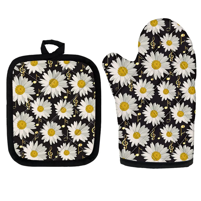 

Cute Daisy and Music Note Pattern Kitchen Oven Gloves Heat Insulation Tools 2pcs Potholders Mitten and Mats for Baking Cooking