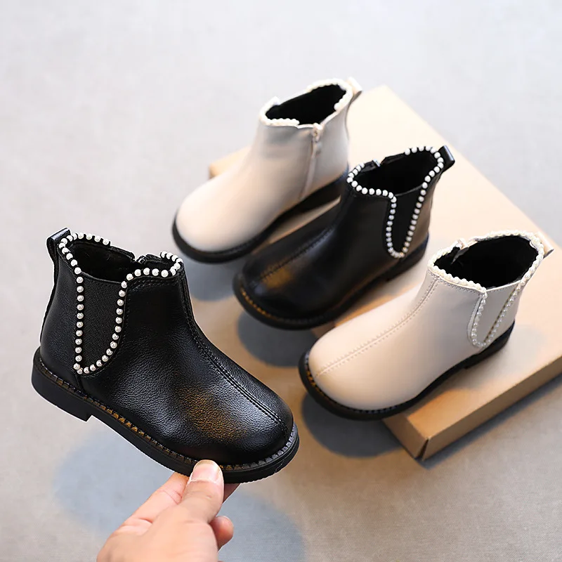 

Princess Ankle Boots with Pearls Solid Black Korean Students Boots Spring Kids Fashion Toddler Girls Non-slip Children PU Boots