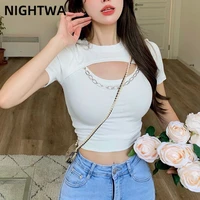 nightwa woman tees sexy lady chic hollow out slim t shirt slim fit short sleeve chain decoration tops women fashion streetwear
