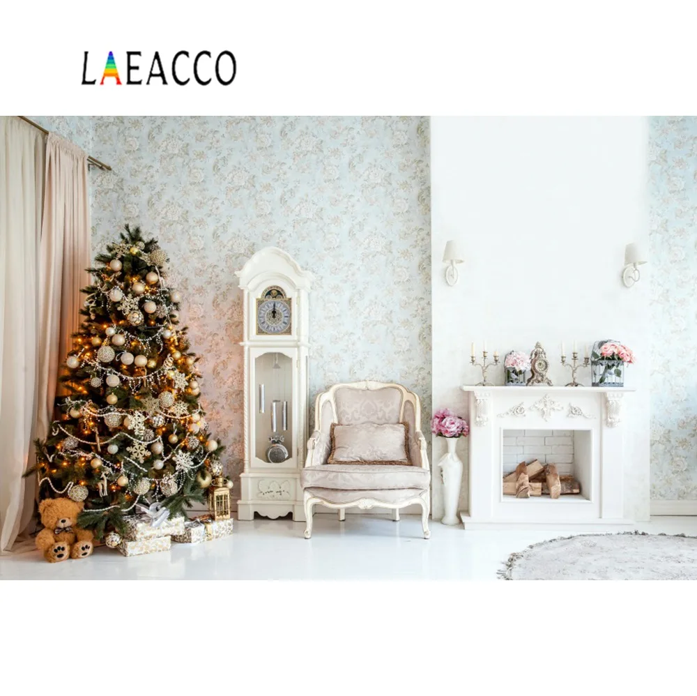 Laeacco Фото фоны Рождественская елка серый камин диван плюшевый медведь гостиная