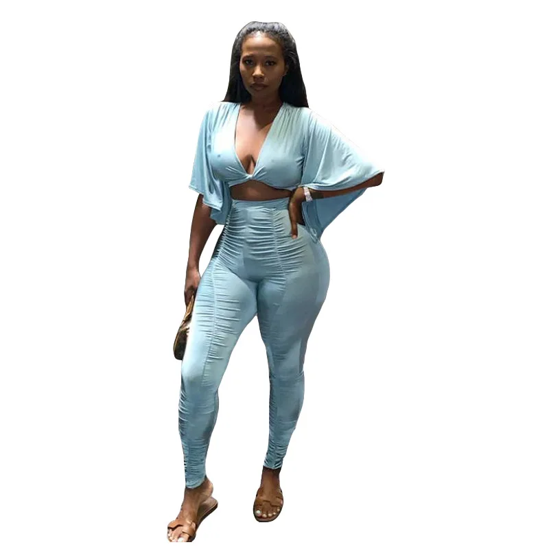 

Autumn Folds Sexy V-neck Sexy Two-piece Flared Sleeve Suit Two Piece Set Summer Fall Clothes for Women Crop Top V010