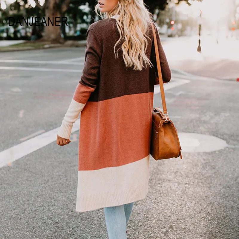 

Длинный кардиган DANJEANER в полоску на осень и зиму, Повседневные вязаные свитера с V-образным вырезом и открытым стежком, женская вязаная одежд...