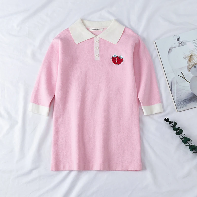 

Autumn Winter Girls Wool Knitted Sweater Baby Girl Dress Girls Strawberry Embroidery Lapel Sweater Dress Kids Girl Knit Clothes