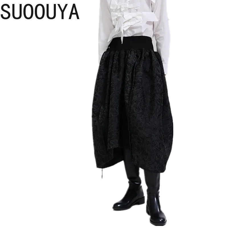 

[SUOOUYA] Women Vintage Skirt Bandage Jacquard Abstract Pattern Irregular Black High Waist Half-body Fashion Tide Spring 2021