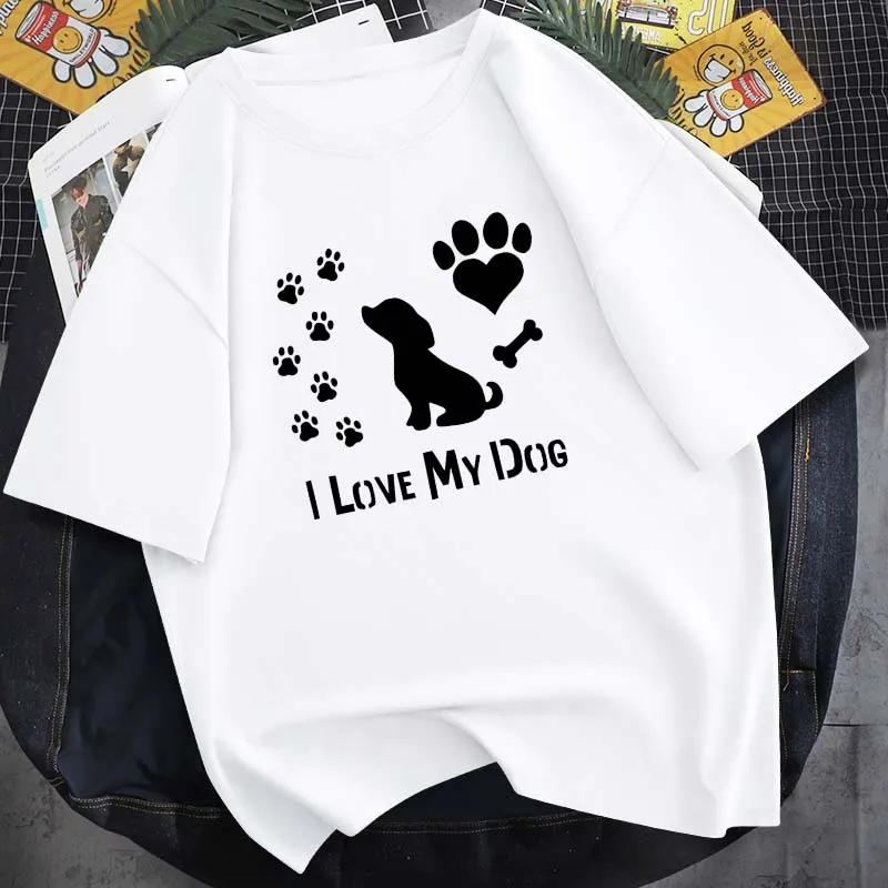 

2021 Summer Dog Love Footprint Print T-Shirt Round Neck 14 Color New Unisex Short Sleeve Cute Daily Simple Top