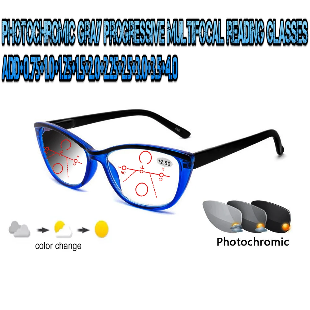 

Photochromic Gray Progressive Multifocal Reading Glasses Women ladies Ultralight violet Frame+1 +1.5 +1.75 +2.0 +2.5 +3 +3.5 +4
