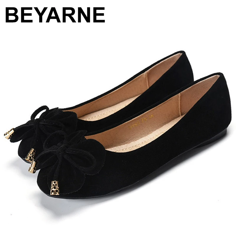 

BEYARNE spring autumn sweet bow knot flats women flower appliques moccasins brand high quality ballet flats woman single shoes