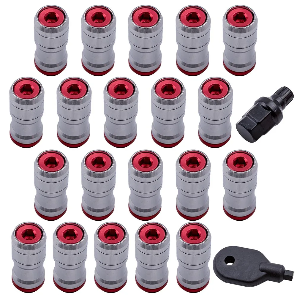 

20Pieces Cap Wheels Rims Tuner Lug Nuts M12x1.5mm Lock Key Brand New Red