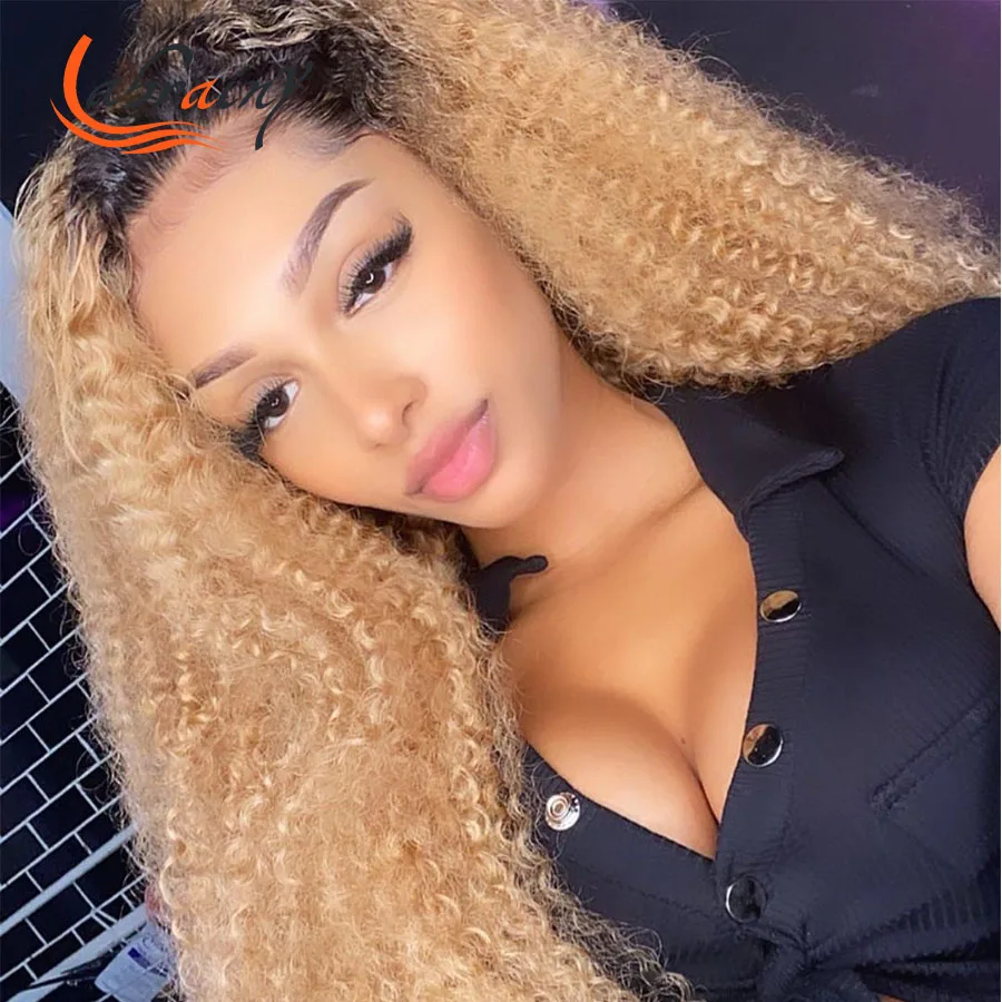

Ombre Honey Blonde HD Transparent Lace Frontal Human Hair Wigs Highlight Brown Curly Remy Wig Pre Plucked Bleached Knots 13x6x1