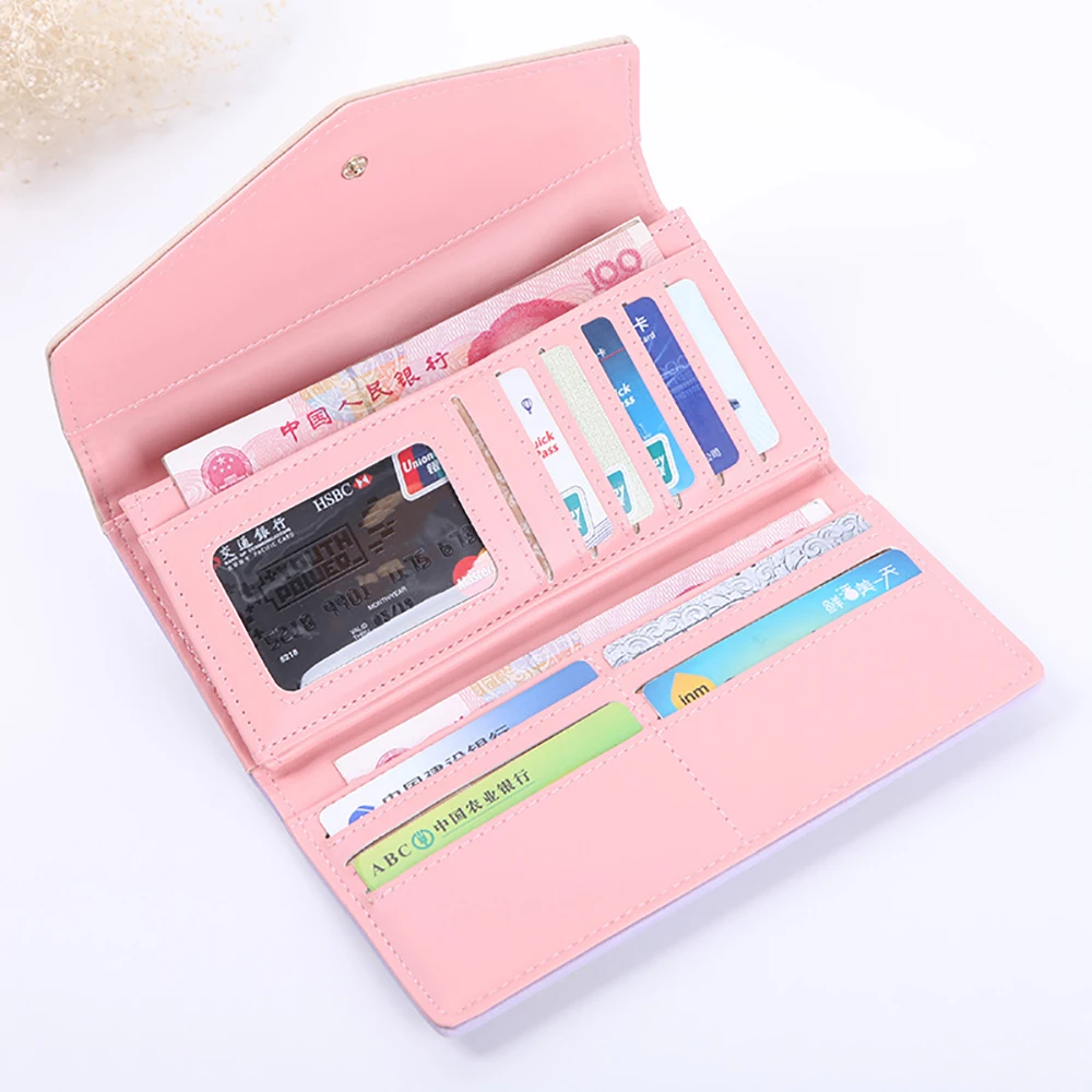 

1pc Pastoral Flower Women Long Wallet Leather Envelope Buckle Wallet Photo Card Holder Casual Style Contrast Color