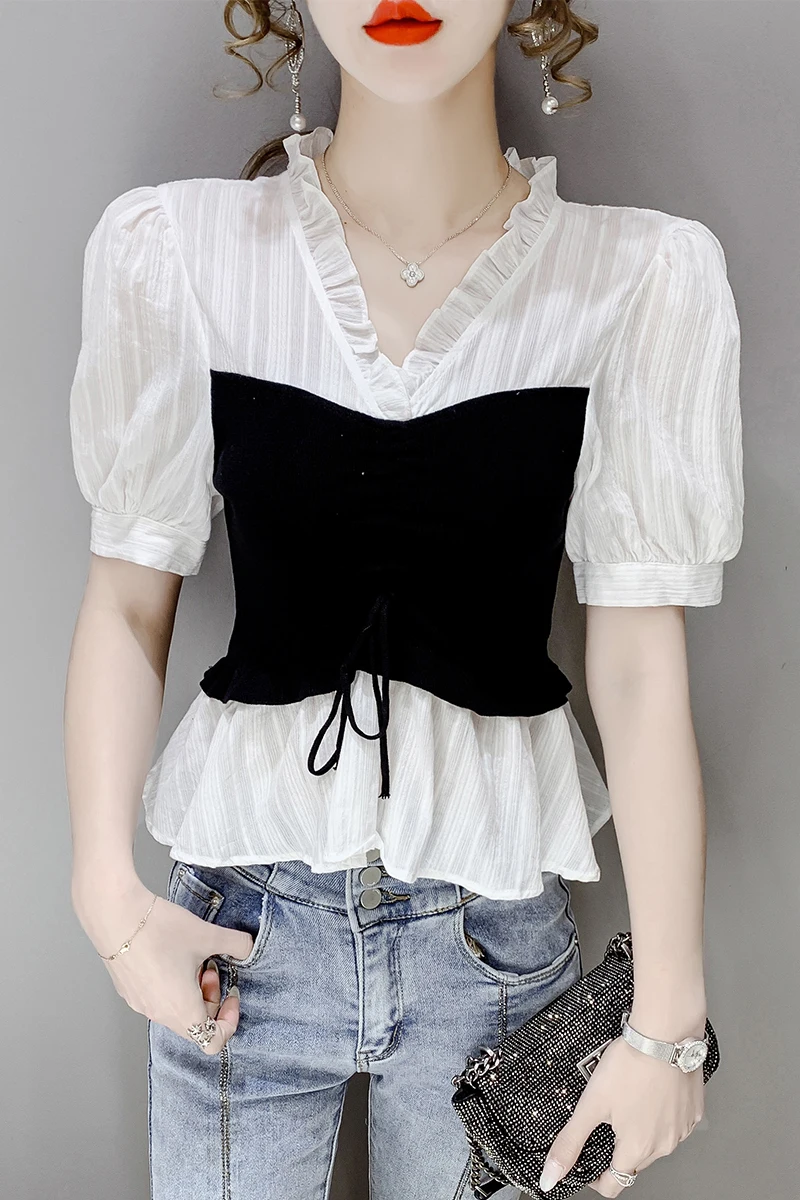 

COIGARSAM Fashion Knitting blouse women New Summer Patchwork Puff Sleeve V-Neck blusas womens tops and blouses 1713