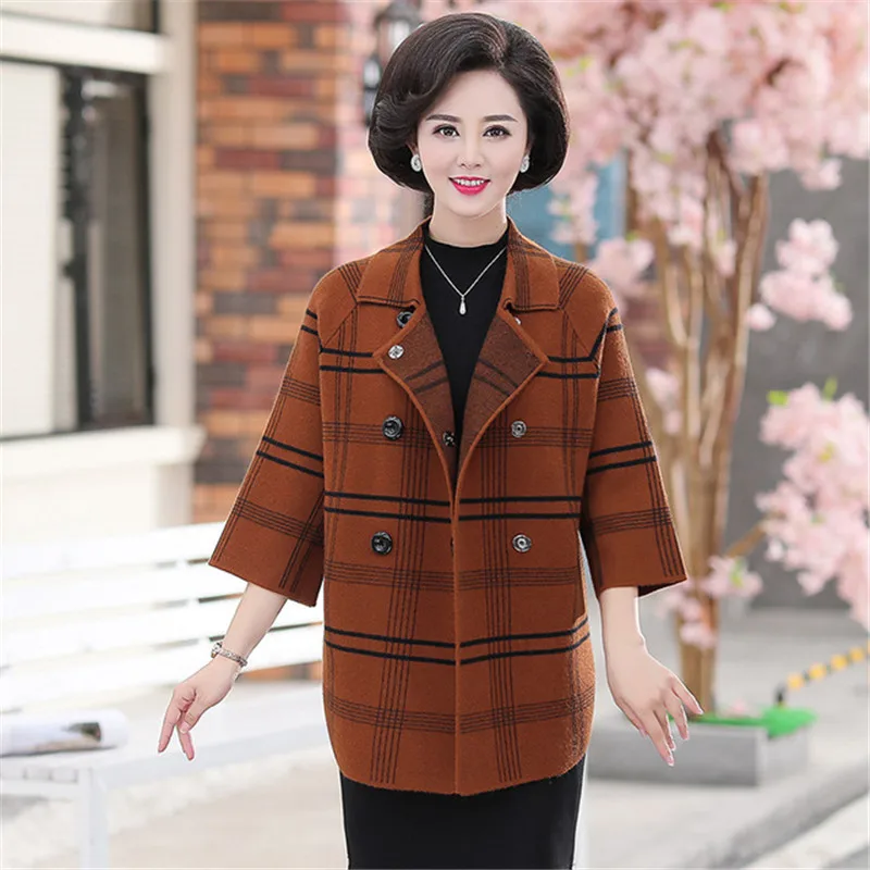 

2020 Fashion Knit Sweater Cardigan Women Mid-Long Seven-quarter Sleeve Plaid Jacket Autumn Winter Warm Jacket Mother's clothing