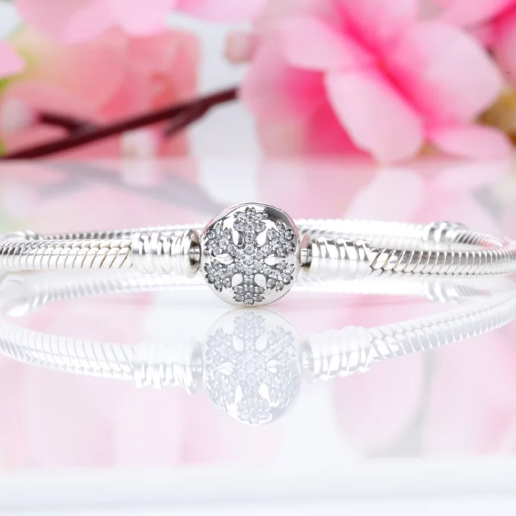 

Hot 100% Genuine 925 Sterling Silver Crystal Snowflake Clasp Bracelet for Women Jewelry Christmas Gift
