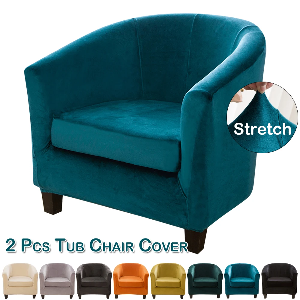 

2Pcs Velvet Spandex Elastic Club Tub Cover Solid Colour Accent Chair Cover Single Seat Armchair Slipcover For Living Room Decor