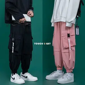 Imported Black Cargo Pants Men's Fashion Loose Tappered Casual Pants Pink Hip Hop Sports Pants Japanese Stree