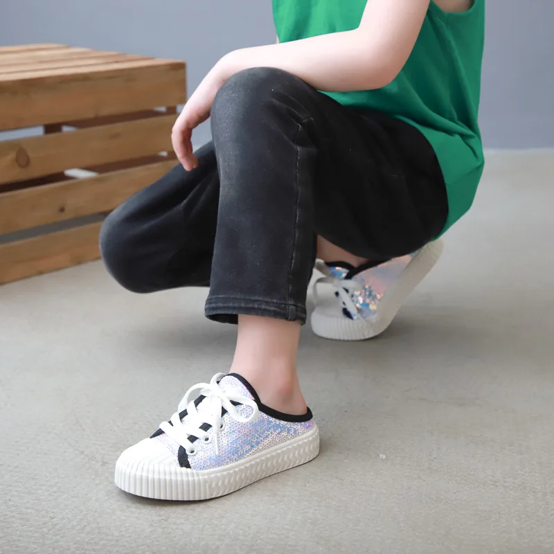 CUZULLAA Children Sequin Sneakers for Boys Girls Lace Up Glitter Fashion Shoes Kids Canvas Soft Bottom Flats Spring Autumn | Детская