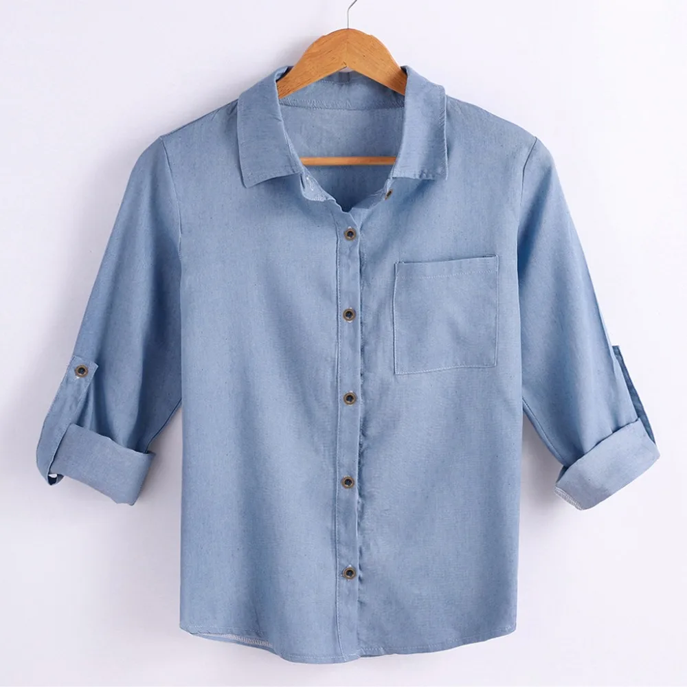 2019 повседневная женская синяя блузка с длинным рукавом и отложным воротником