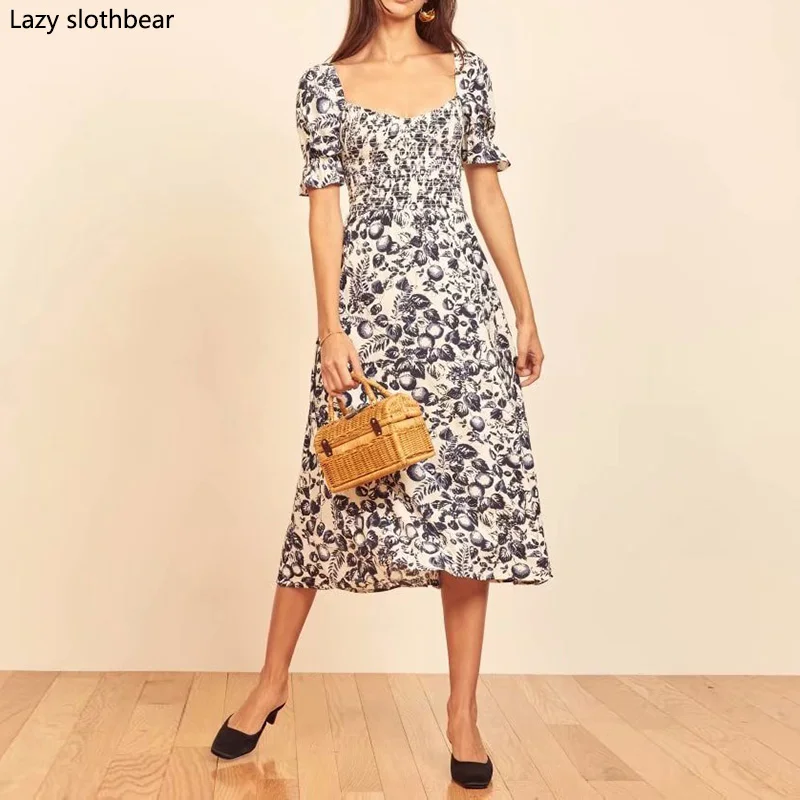 

Summer ladies flower print dress fashion retro maxi long dress temperament ladies cocktail dress