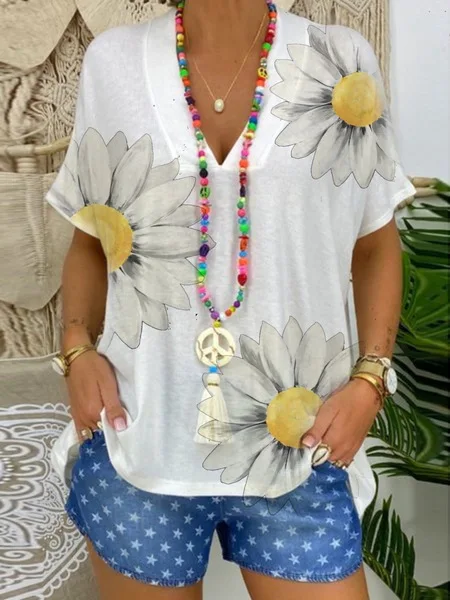 

Women's T-shirt Slim and sweet Summer fashion Leisure V- Neck Loose Printed Short-sleeved T-shirt Women's Tops