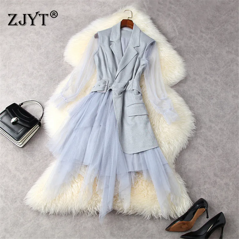 

Spring Women Fashion Runway Designers Notched Office Blazer Dress Mesh Patchwork Irregular Robe Femme Elegant Party Vestidos