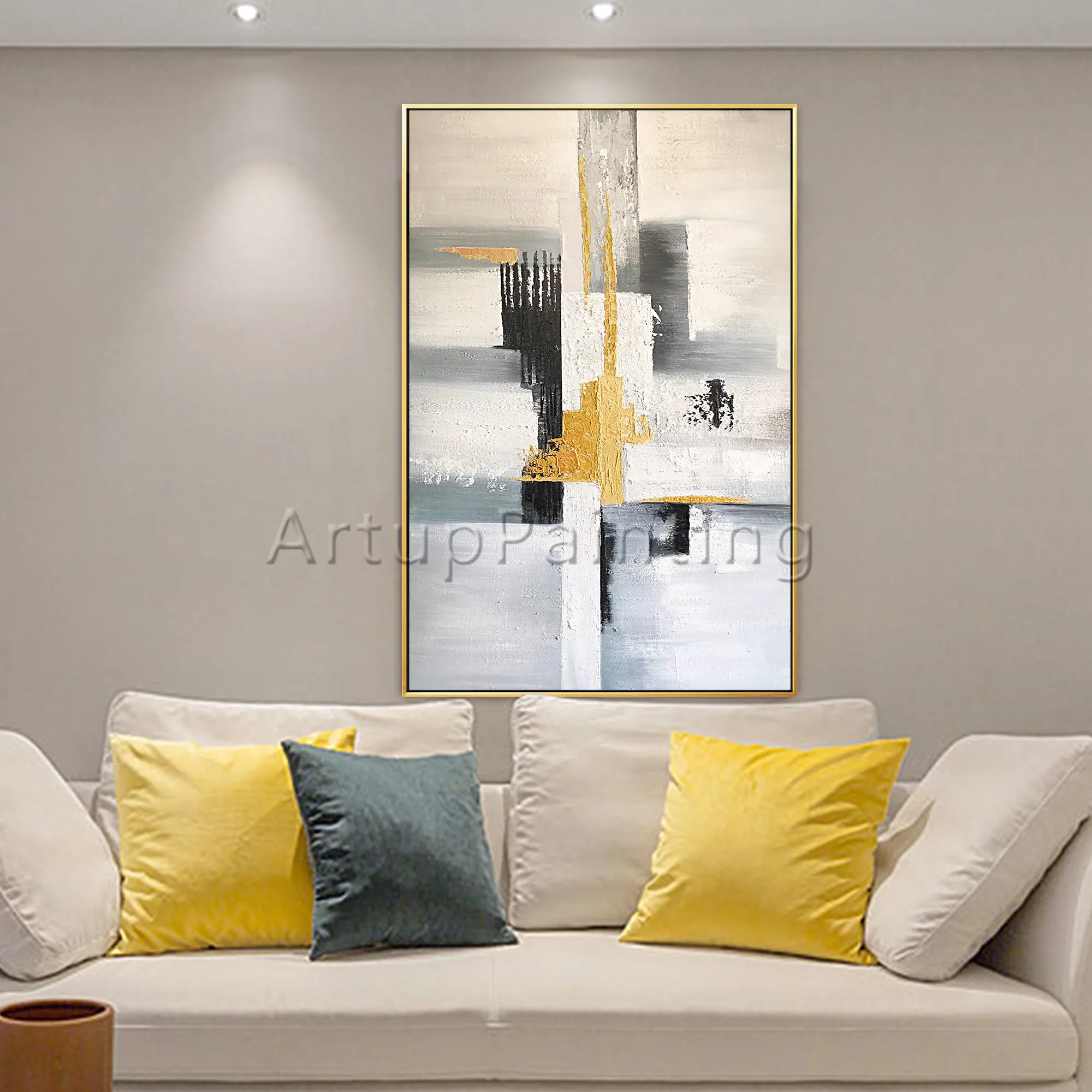 

No Framed Hand Painted Modern Abstract Oil Painting On Canvas Black Grey White Gold Wall Art Picture For Living Room Home Decor