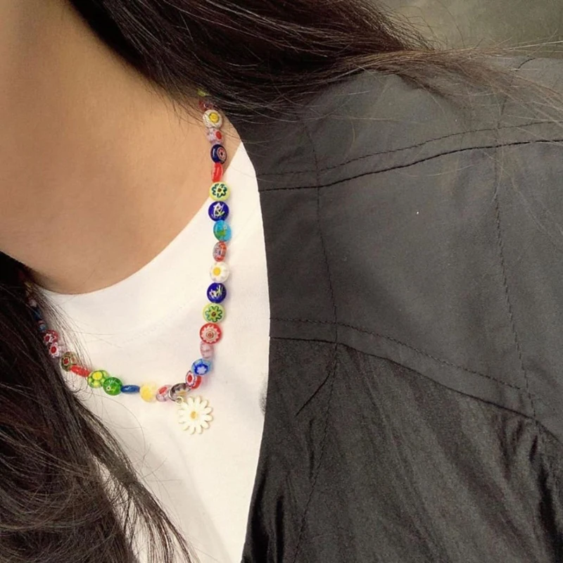 

Aide 2021 New Korean Sweet Metal Chain Colorful Imitation Pearl Beads Irregular Flowers Fruit Necklace for Girls Children Gift