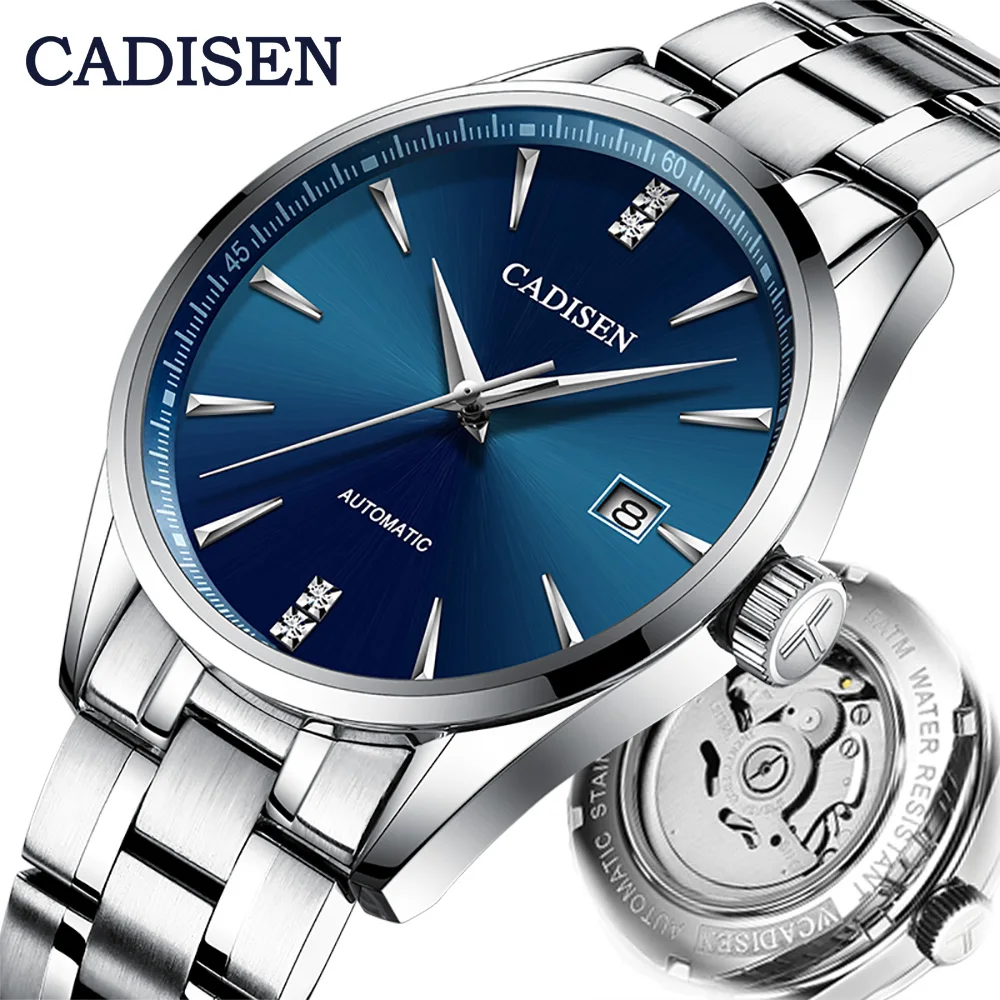Blue CADISEN автоматические механические мужские часы из нержавеющей стали Япония NH35A изогнутое стекло Бизнес Мода Досуг водонепроницаемые наручные часы - Цвет: Blue