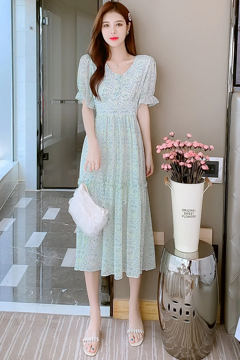 

COIGARSAM French Style Floral Print Women Long dress New Chiffon Dresses 8903
