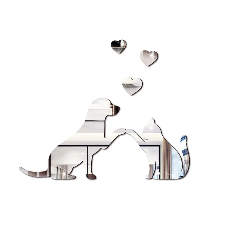 Забавная акриловая Зеркальная Наклейка с кошкой и собакой для детской комнаты