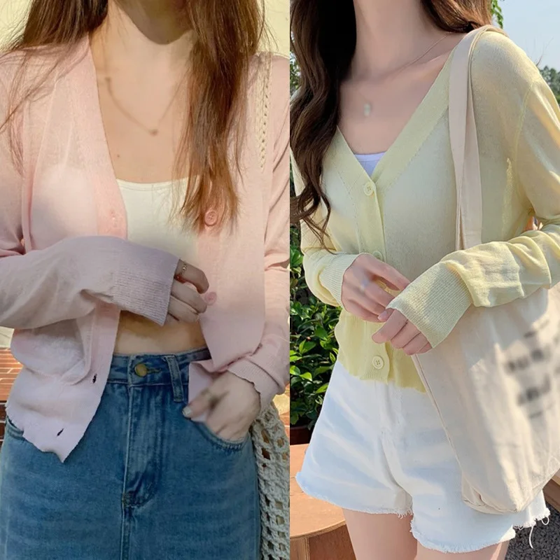 

Summer Solid Casual Top Women's Fashion V-Neck Button Knitted Long-Sleeved Versatile Sunscreen Cardigan