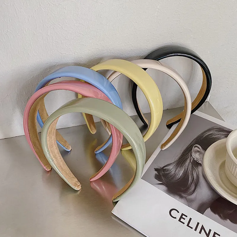 

Faux Leather Macaron Headbands Fine Hair Accessories Women Cream Color Sponge Light Board Wide Side Hairband Fashion Hair Hoop