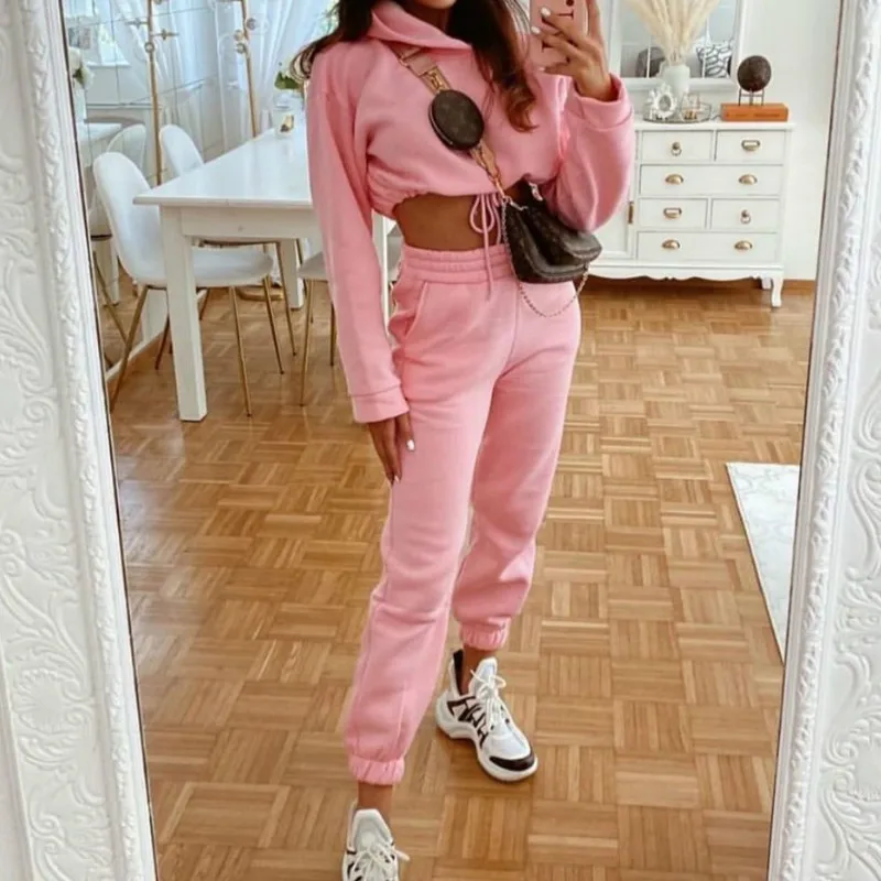 

Women Spring Fall Sport Casual Two Piece Set Ladies Autumn Fashion Solid Loose Hooded Jumper Top Elastic Waist Sweatpants Suit